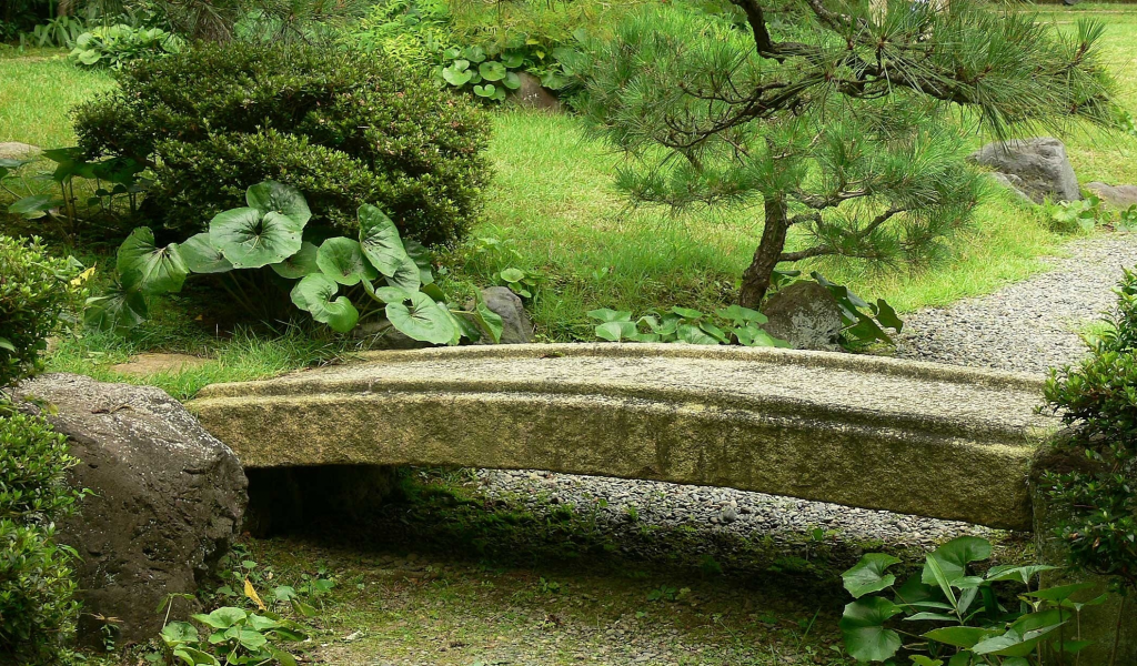 мост, японский сад, япония, камень, сосна