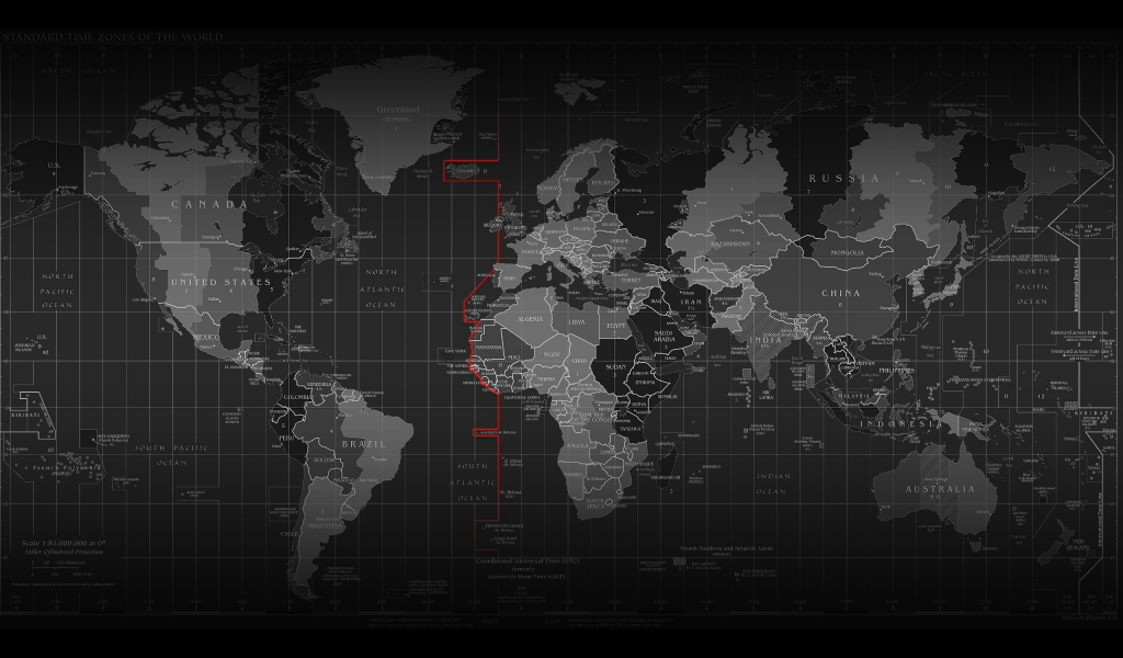 черно-белая, часовые пояса, карта