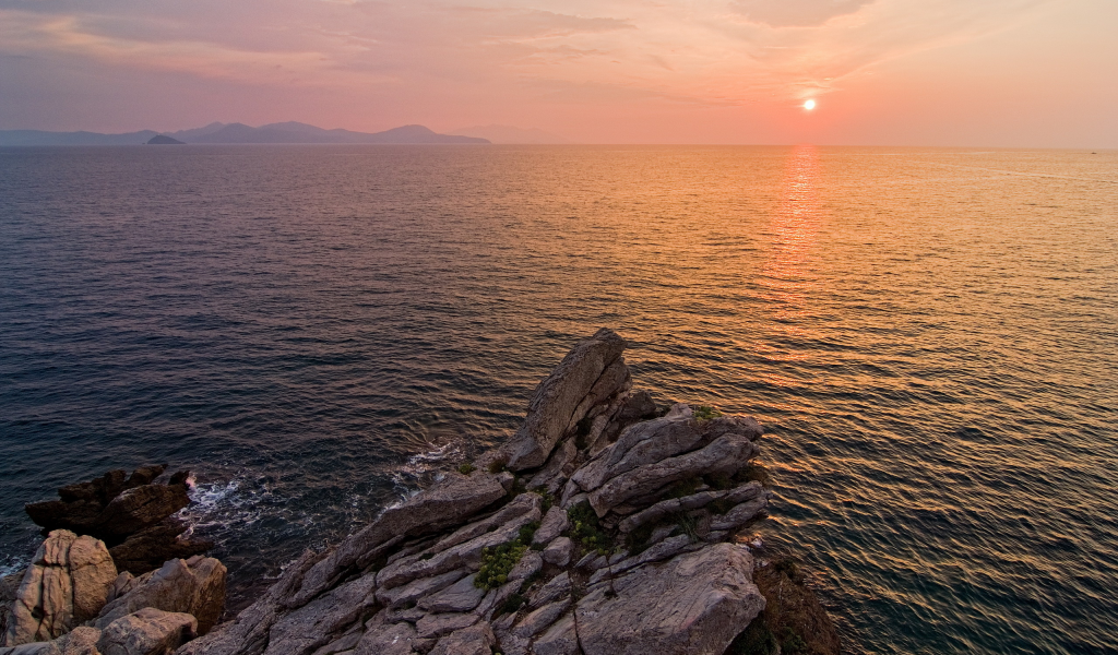 пейзаж, закат, море, скалы