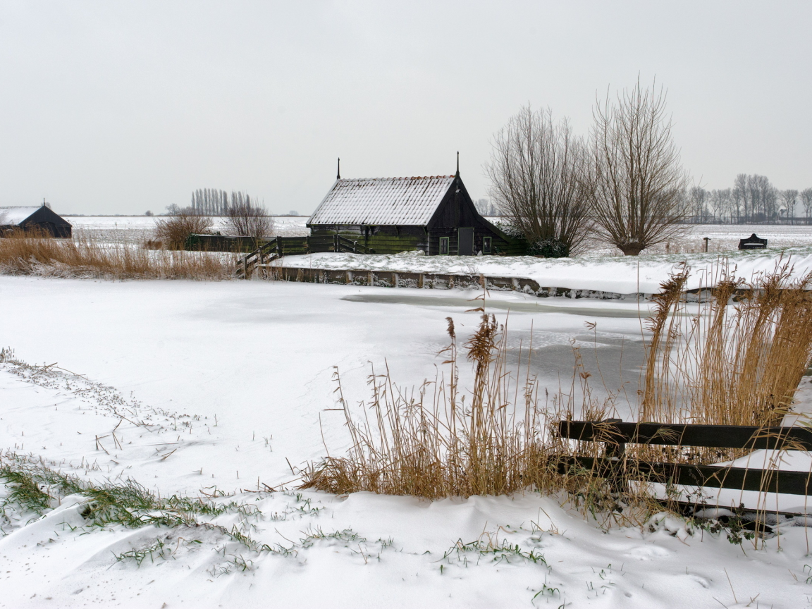 поле, дом, снег