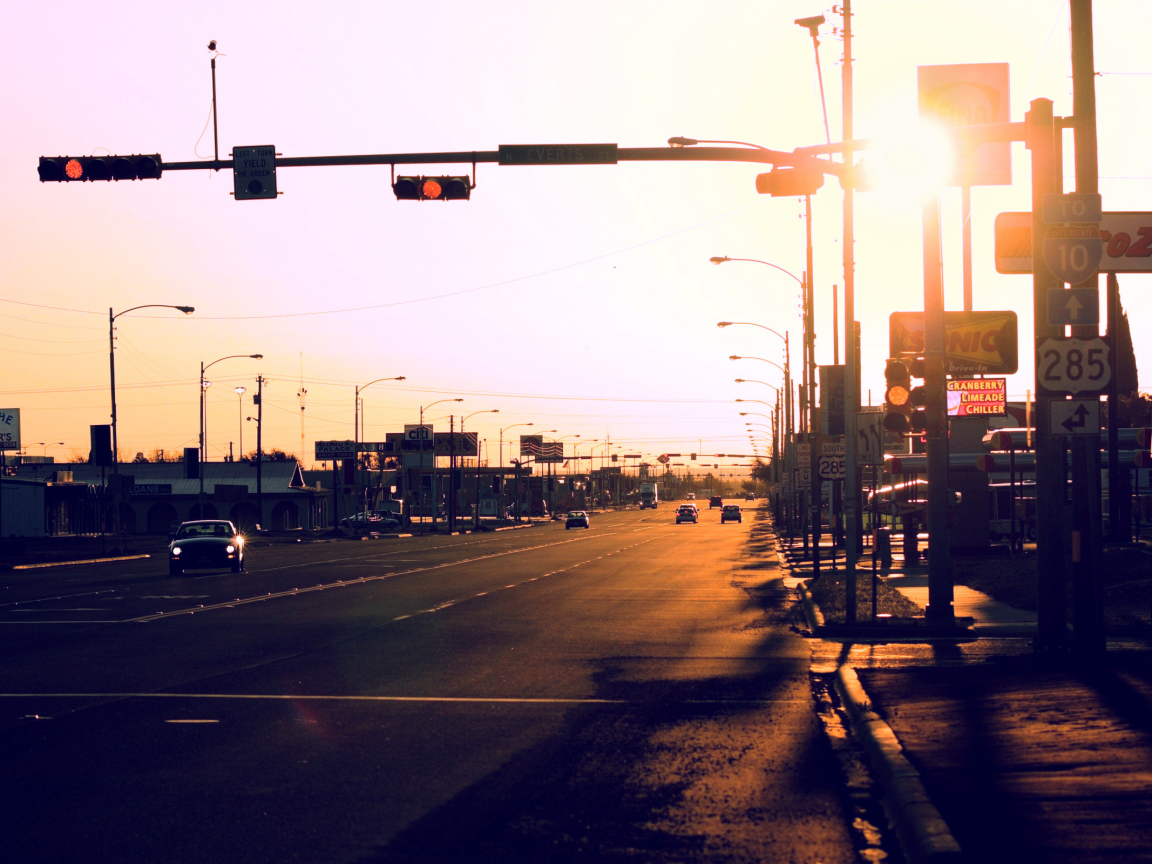 улица, машины, город, солнце