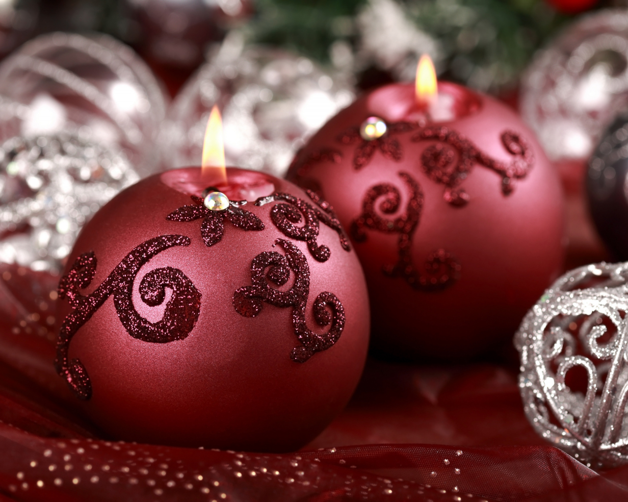 красный, свечи, серебряный, блестки, макро, шарик, новый год, украшения, праздник