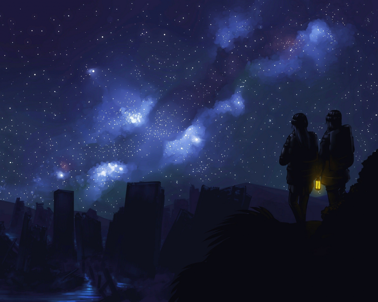 свечение, ночь, небо, люди, звёзды