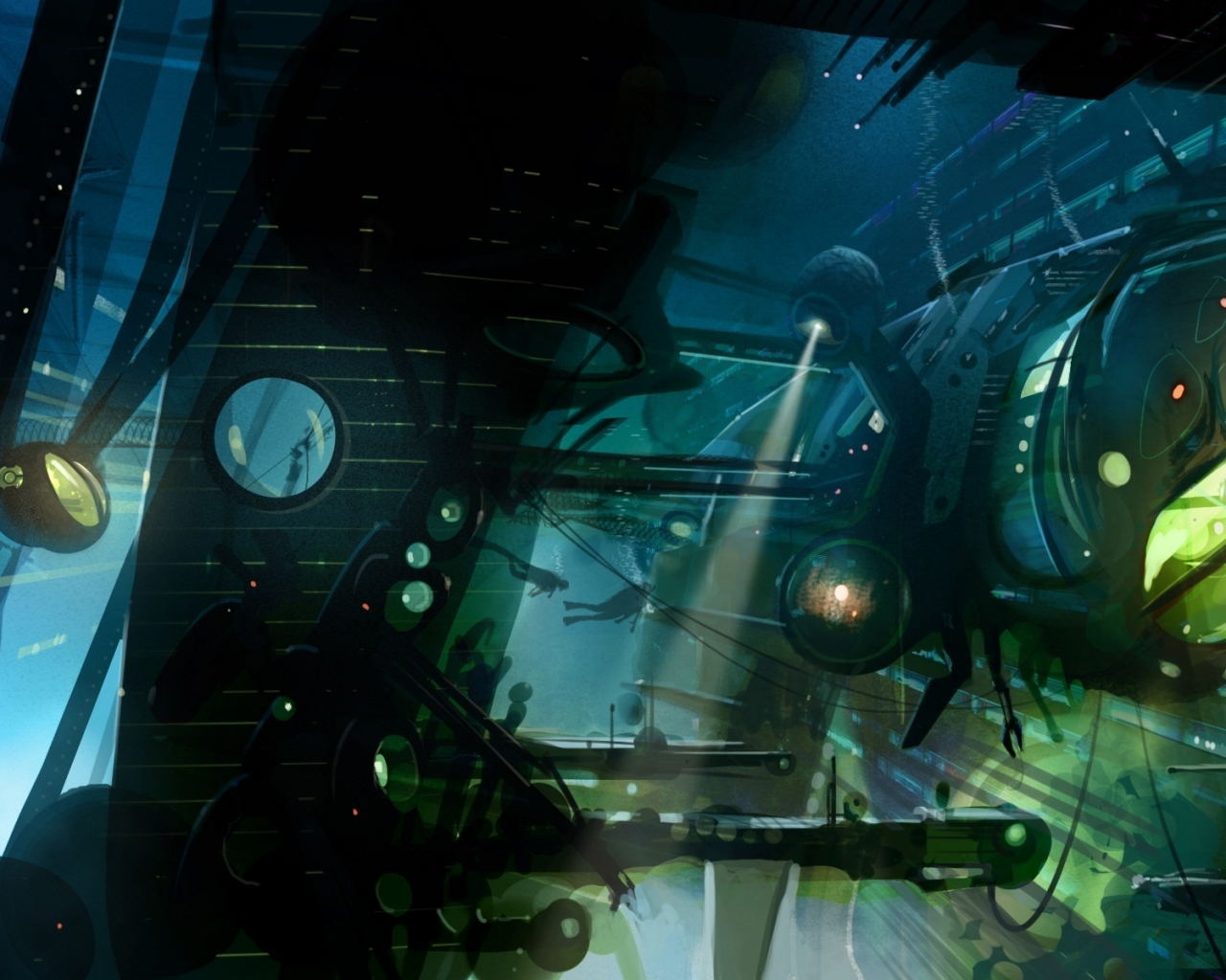 подводный, корабль, аквалангисты, прожектора