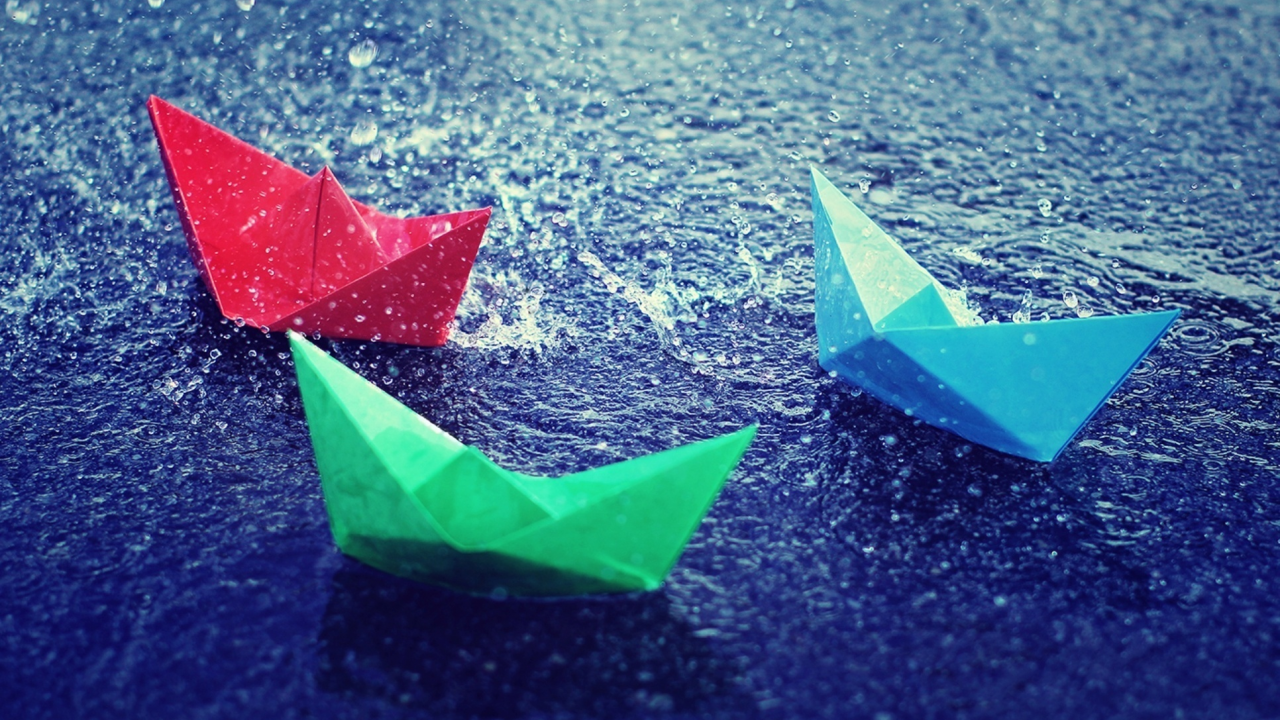 дождь, кораблики, вода, капли, брызги, бумажные