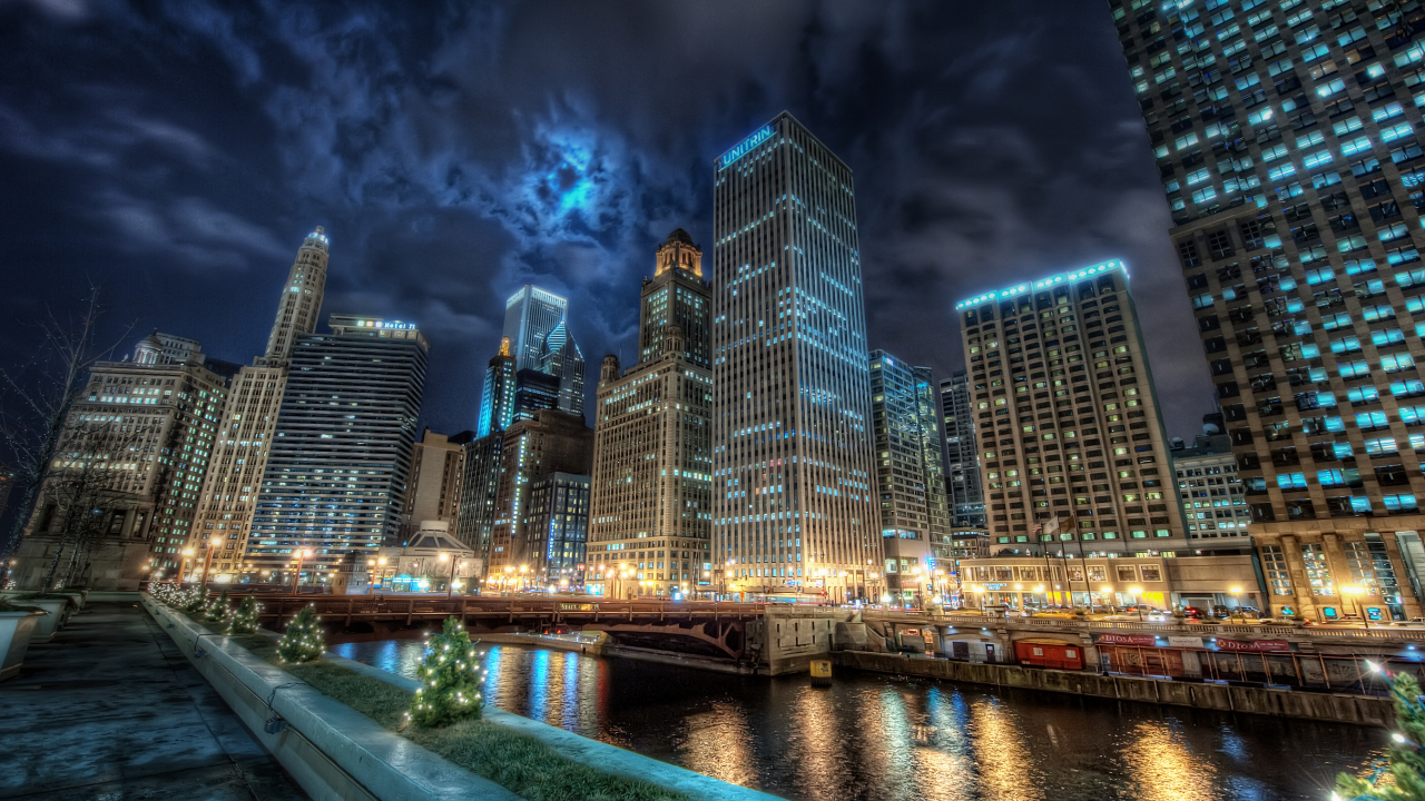 город, огни, ночь, Чикаго, отражение, канал, вода