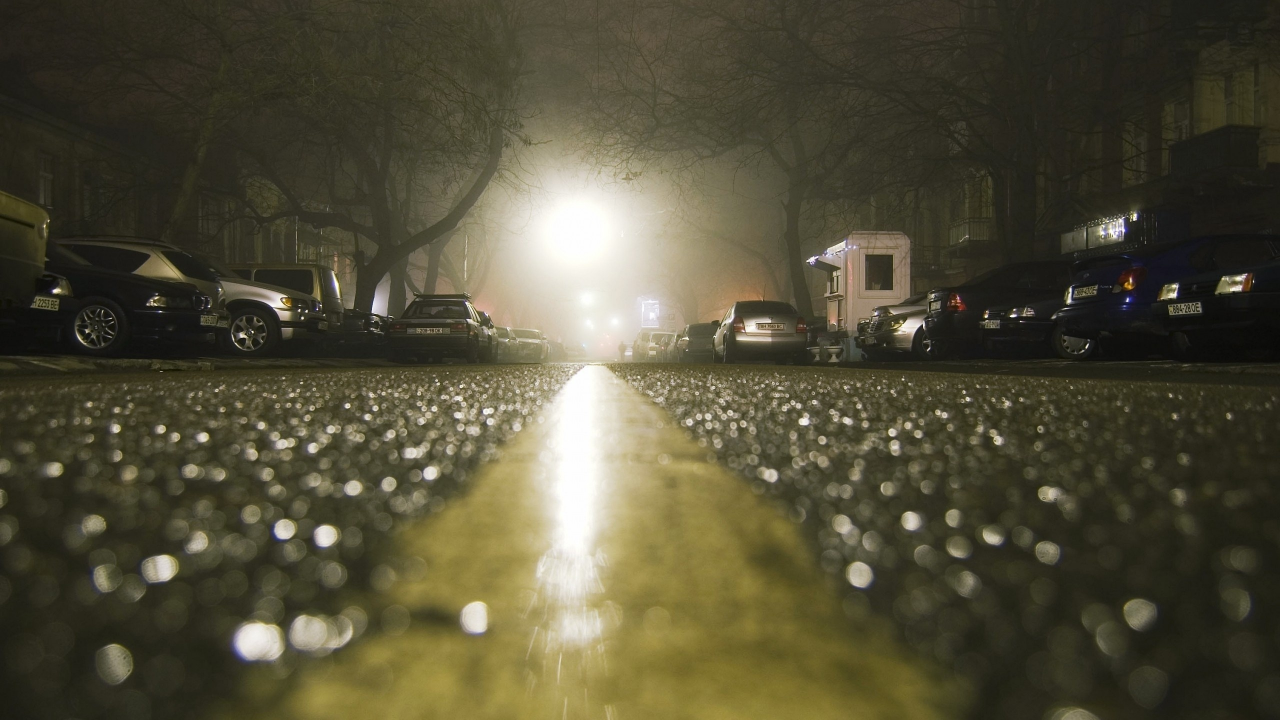 туман, дорога, свет, разметка, ночь, машины