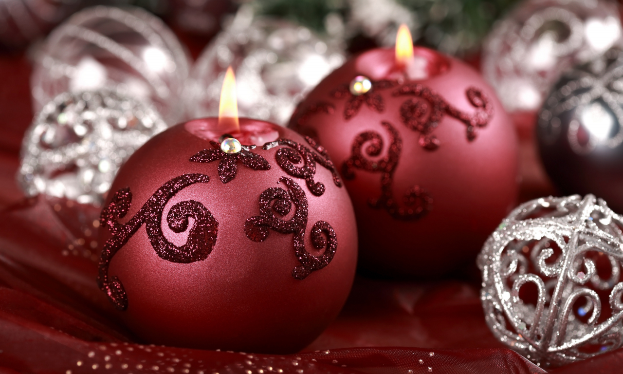 красный, свечи, серебряный, блестки, макро, шарик, новый год, украшения, праздник