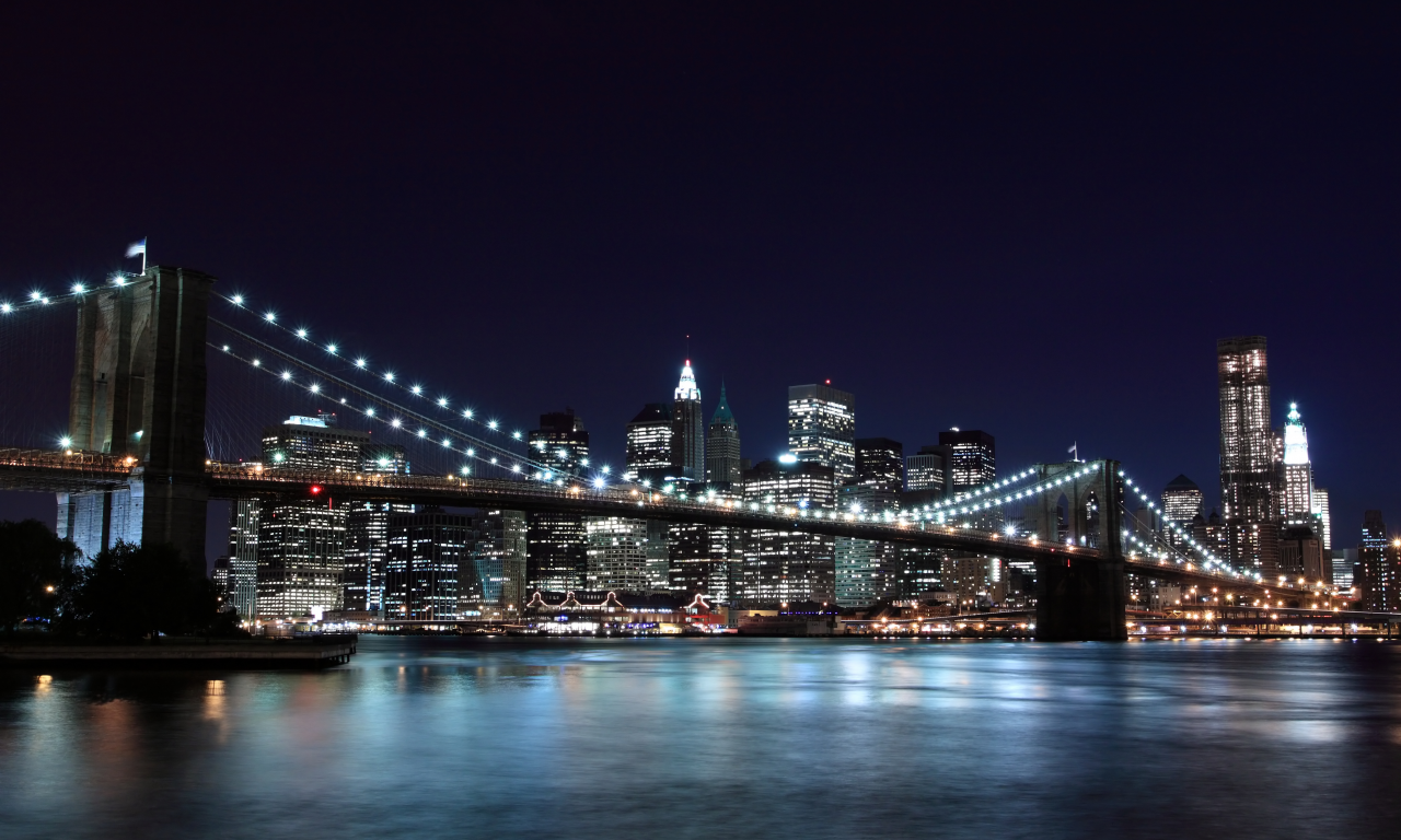 new york, город, нью-йорк, бруклинский мост, огни, brooklyn bridge, ночь