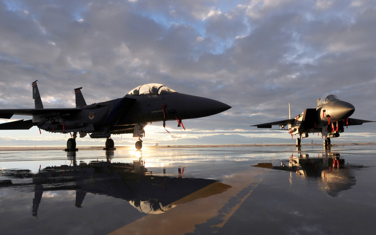 отражение, вода, F-15, небо, истребитель