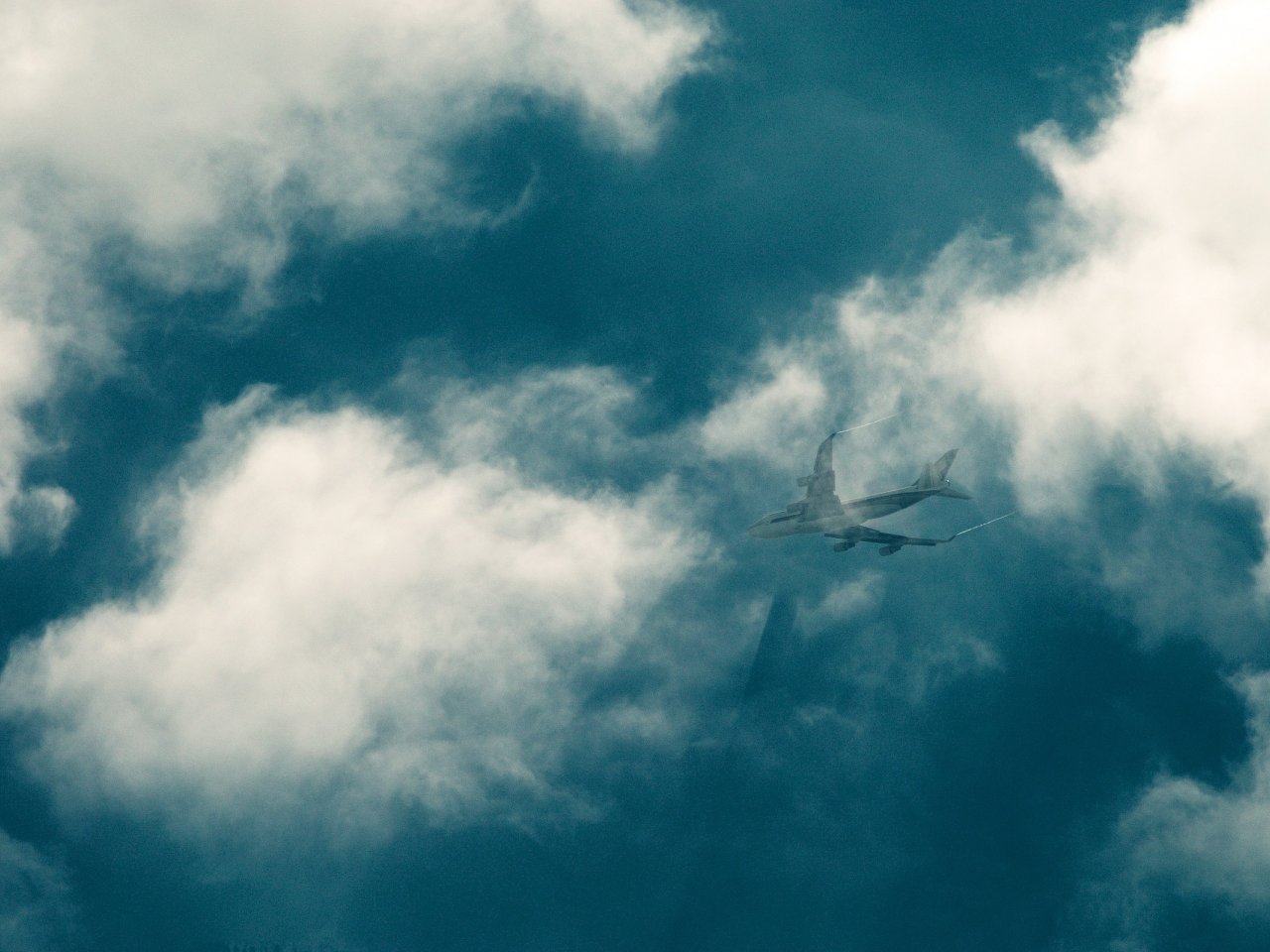 облака, небо, шлейф, самолет