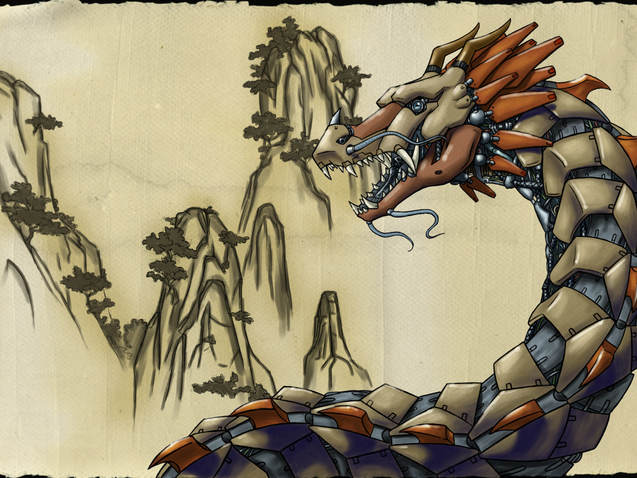 бронзовый дракон, горы, картина