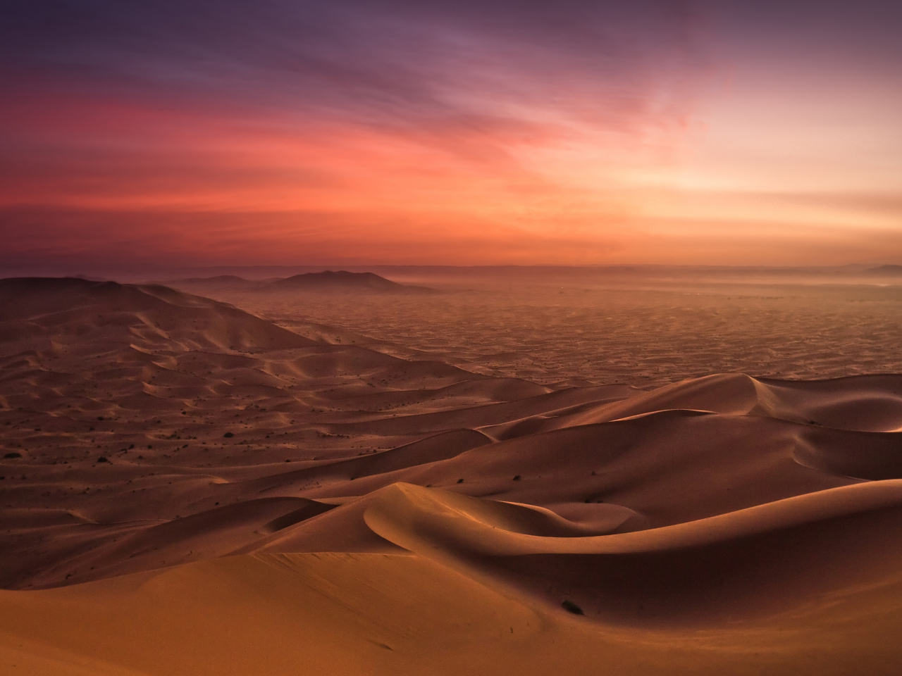 рельеф, барханы, песок, небо, пустыня, розовое, горизонт