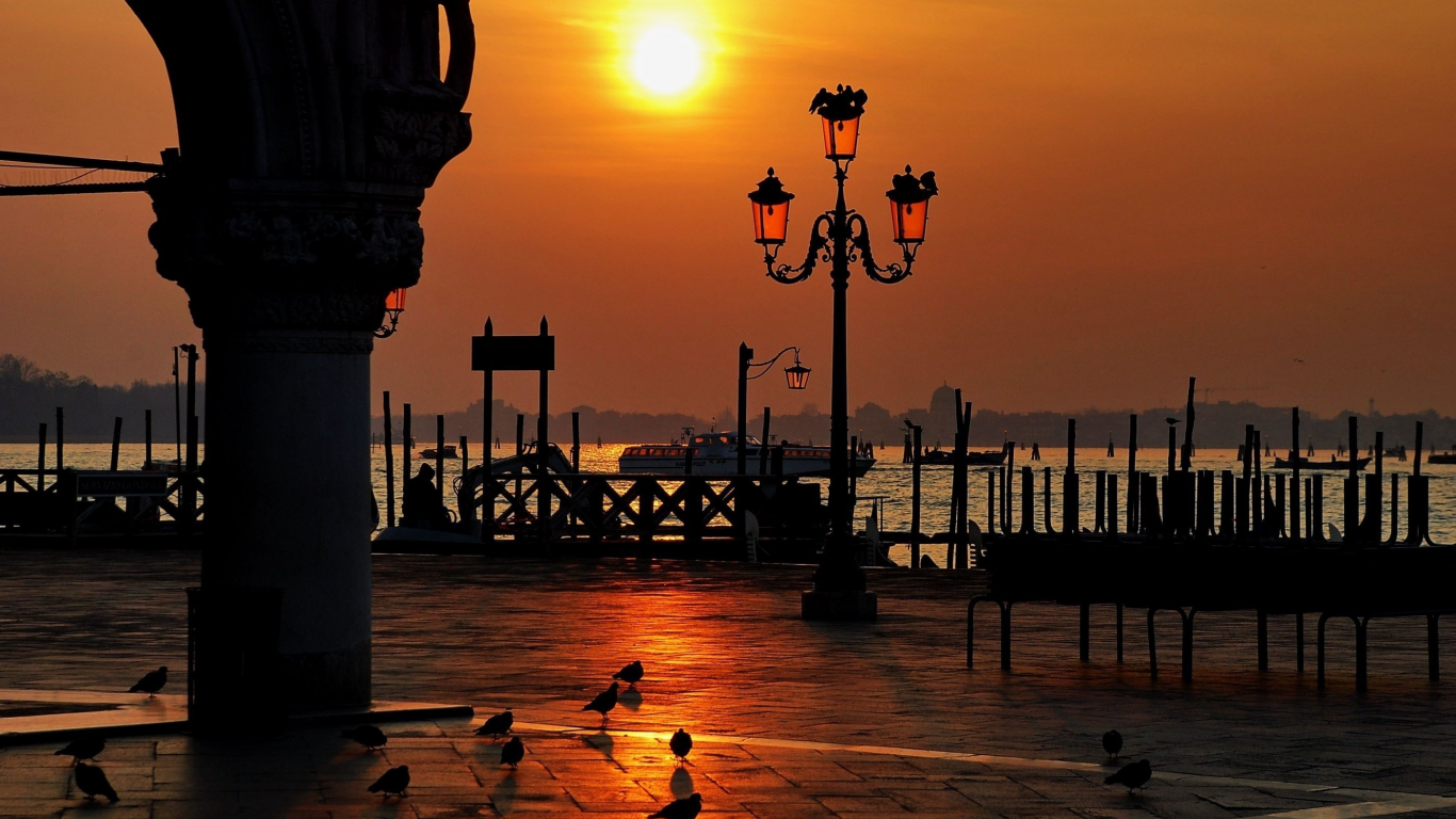 площадь, каналы, голуби, фонарь, Венеция, города