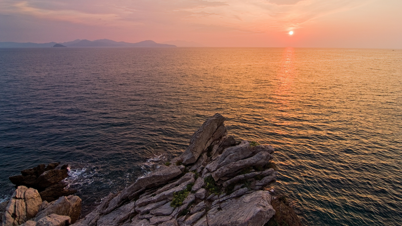 пейзаж, закат, море, скалы