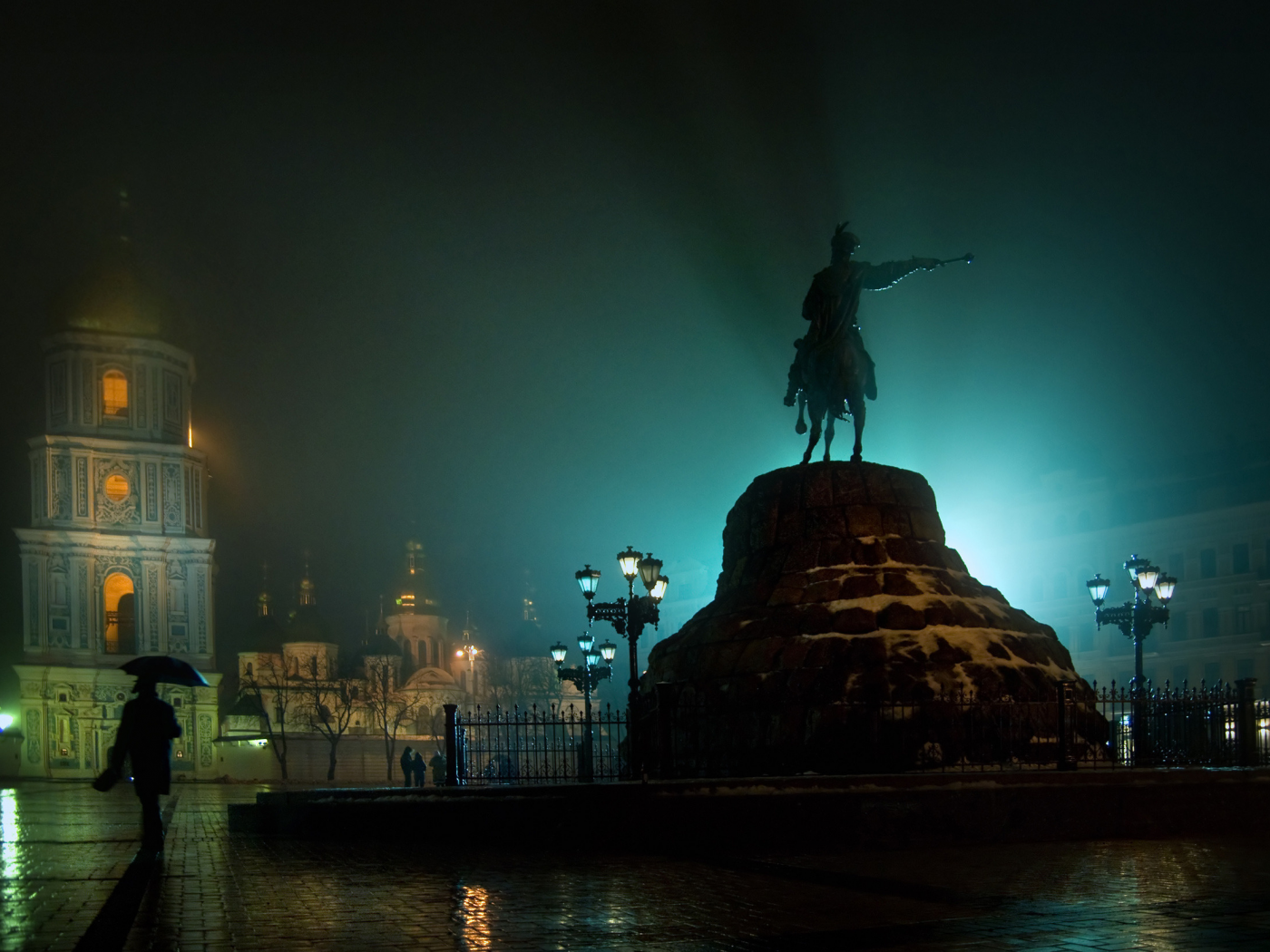 ночь, украина, монастырь, колокольня, площадь, богдана хмельницкого, киев, софийский, памятник