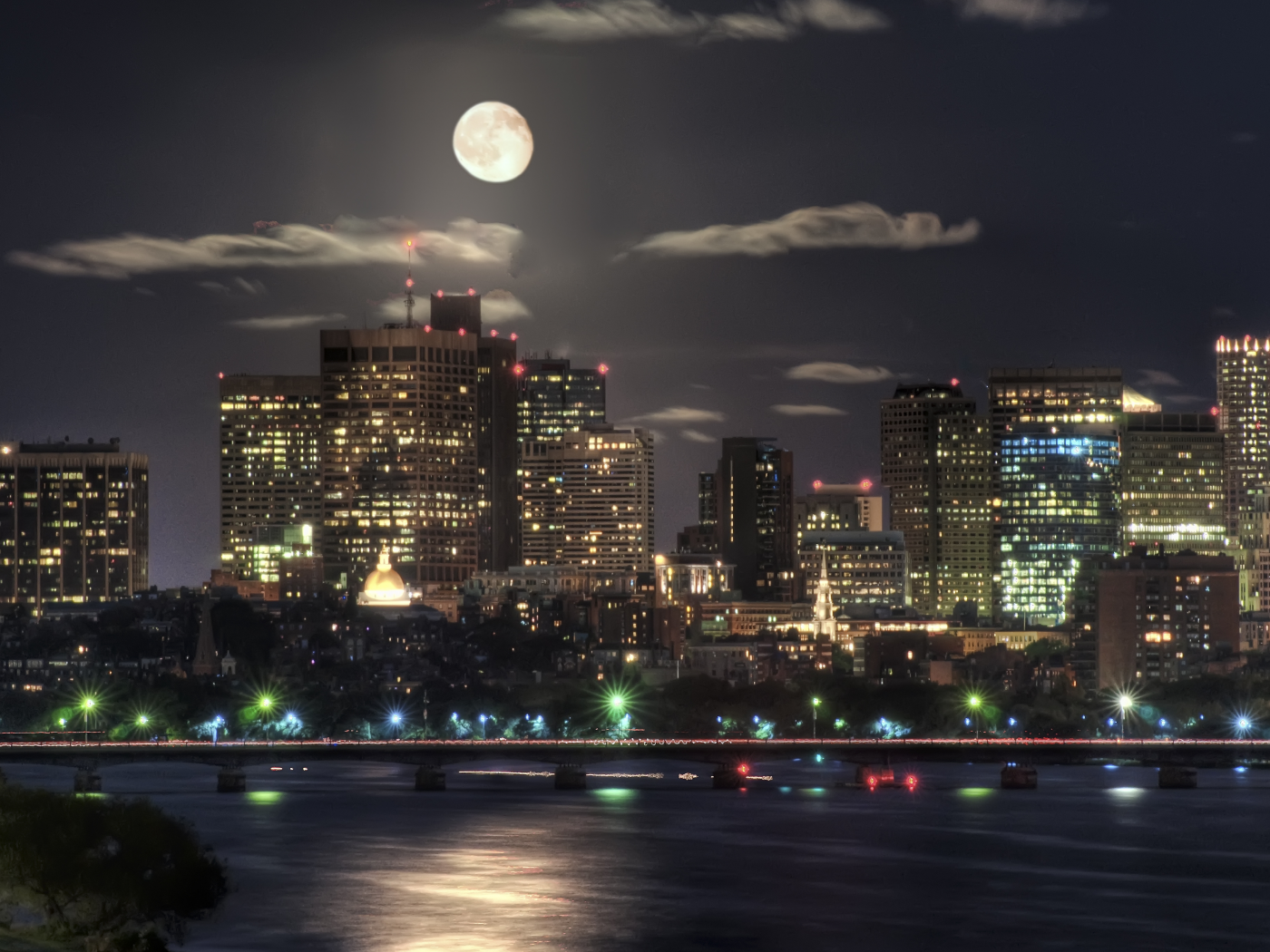 здания, луна, ночь