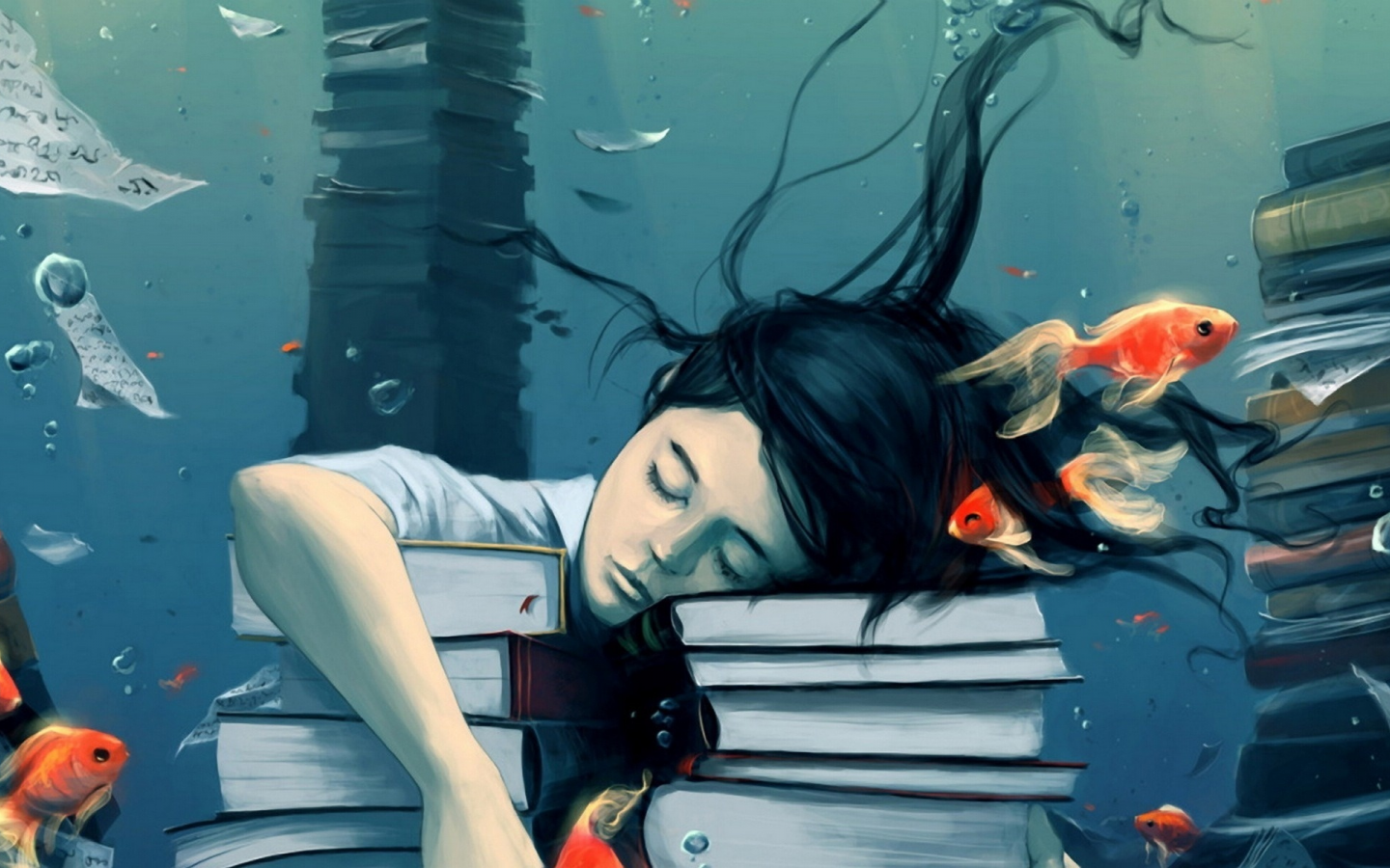 вода, книги, рыбки, учеба, девушка, спокойствие, пузыри, мечты, сон