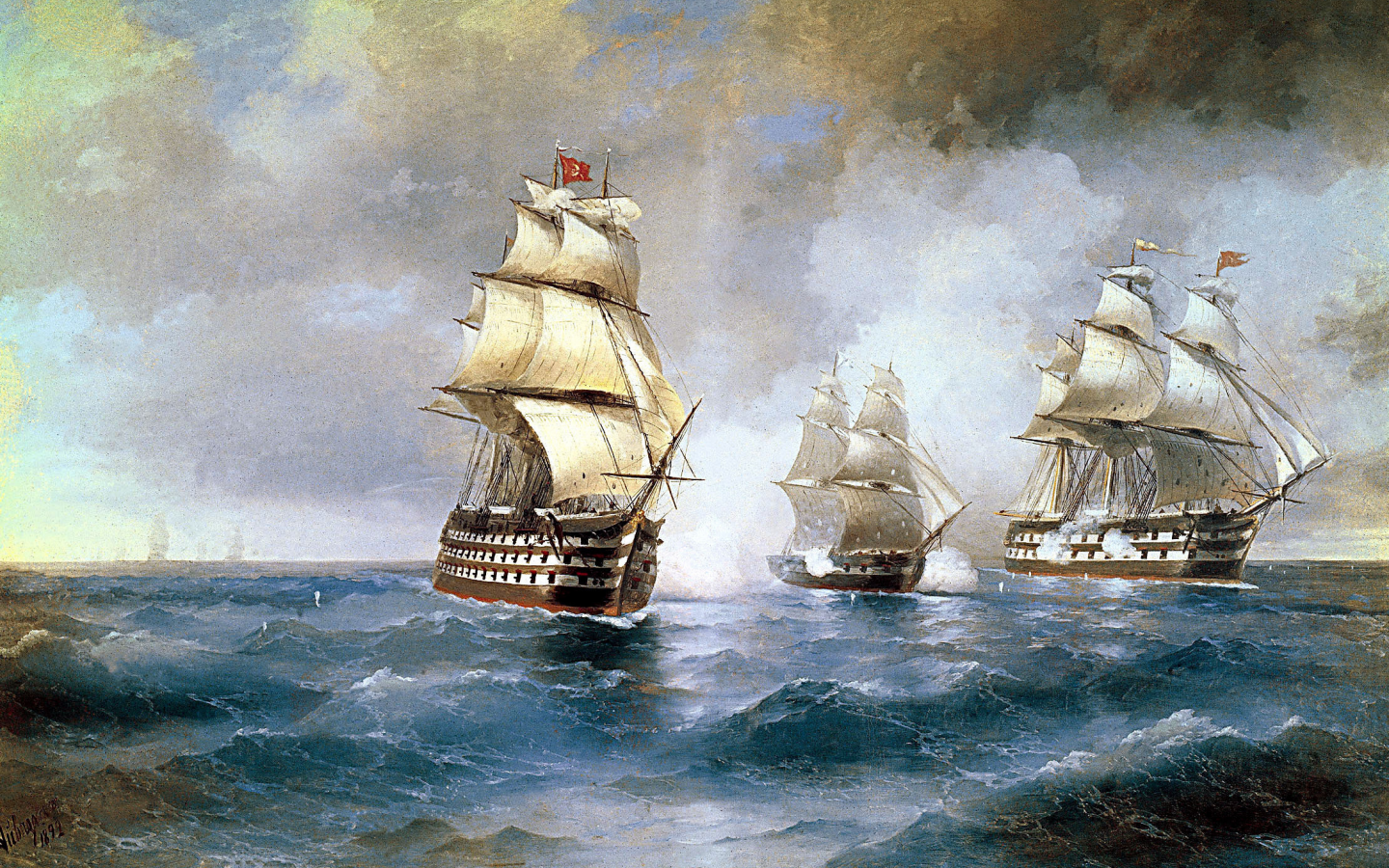 айвазовский, облака, картинаморе, волны, атакованный двумя турецкими кораблями, корабли, бриг «меркурий», небе