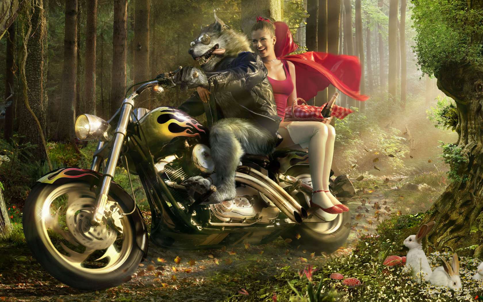 сказка, лес, волк, мотоцикл, зайцы