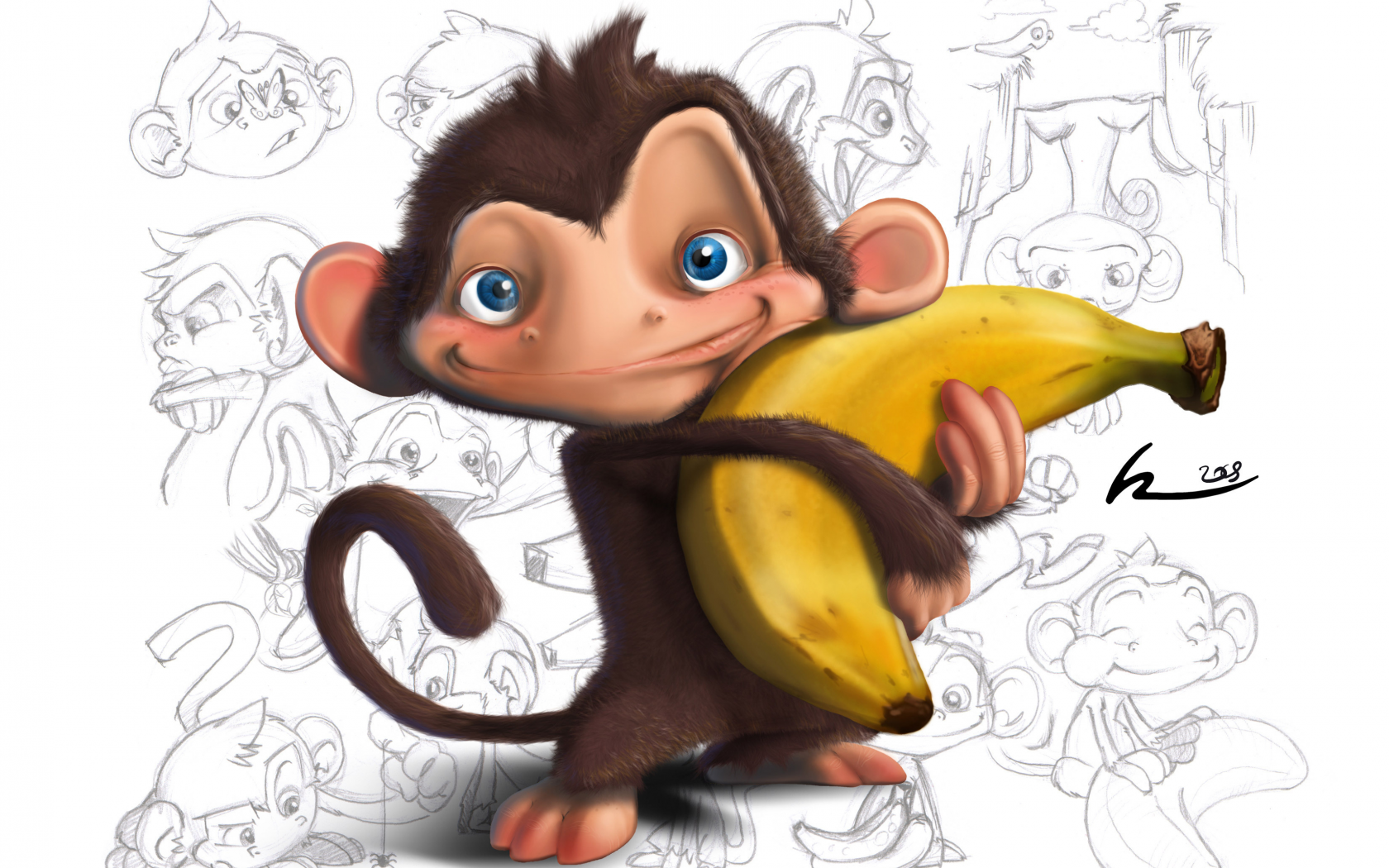 детские обои, банан, рисунки, белый фон, обезьяна