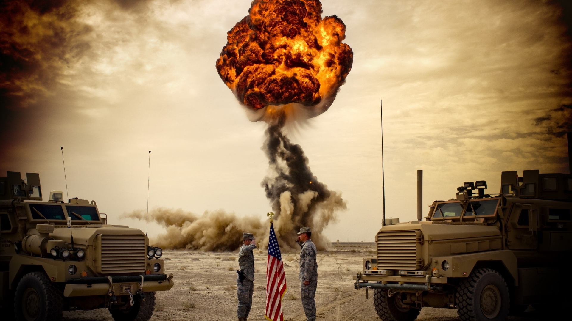 флаг, сша, взрыв, грузовики, небо, солдаты