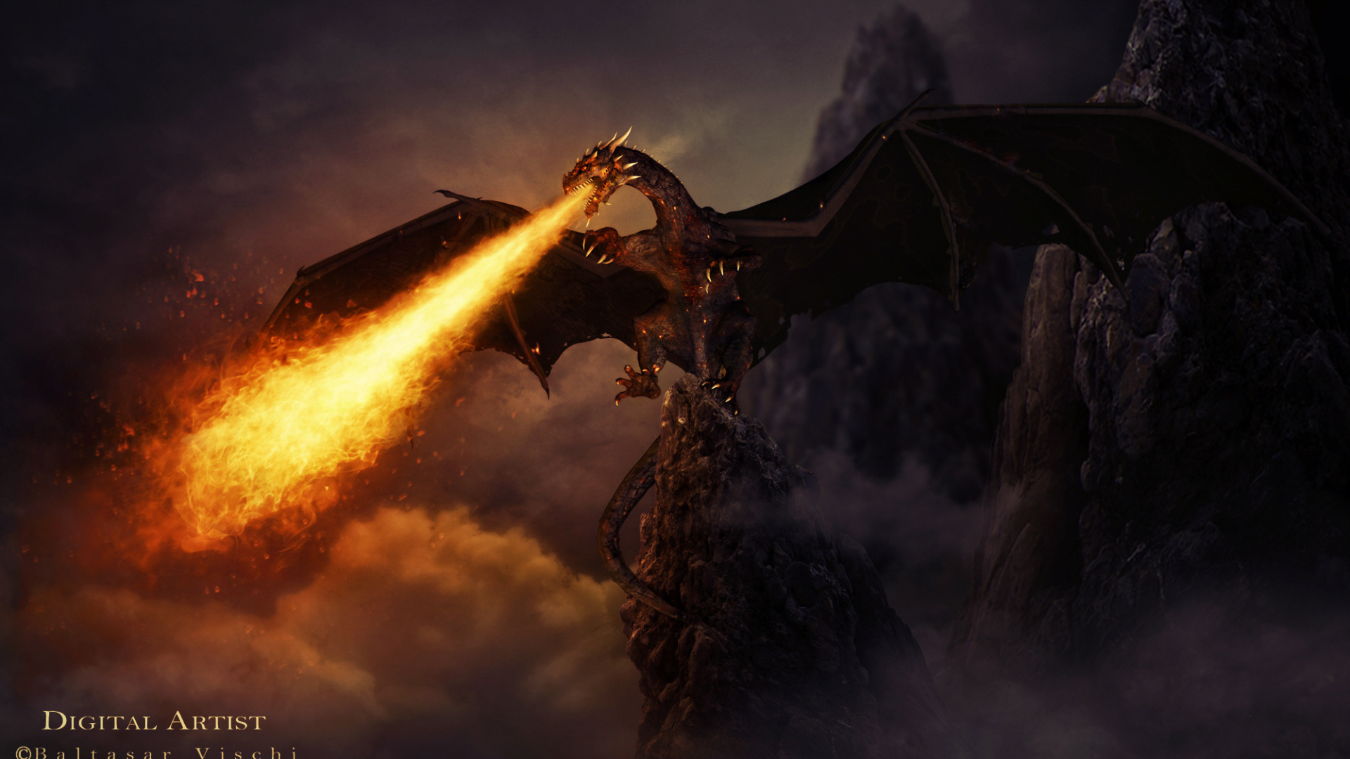 огонь, скалы, the dragon of hell, дракон