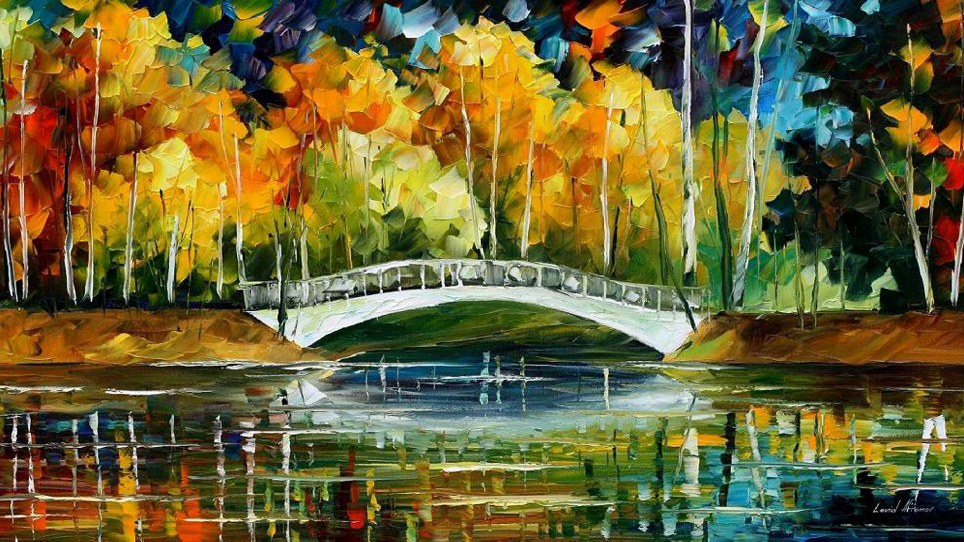 осень, картина маслом, мост