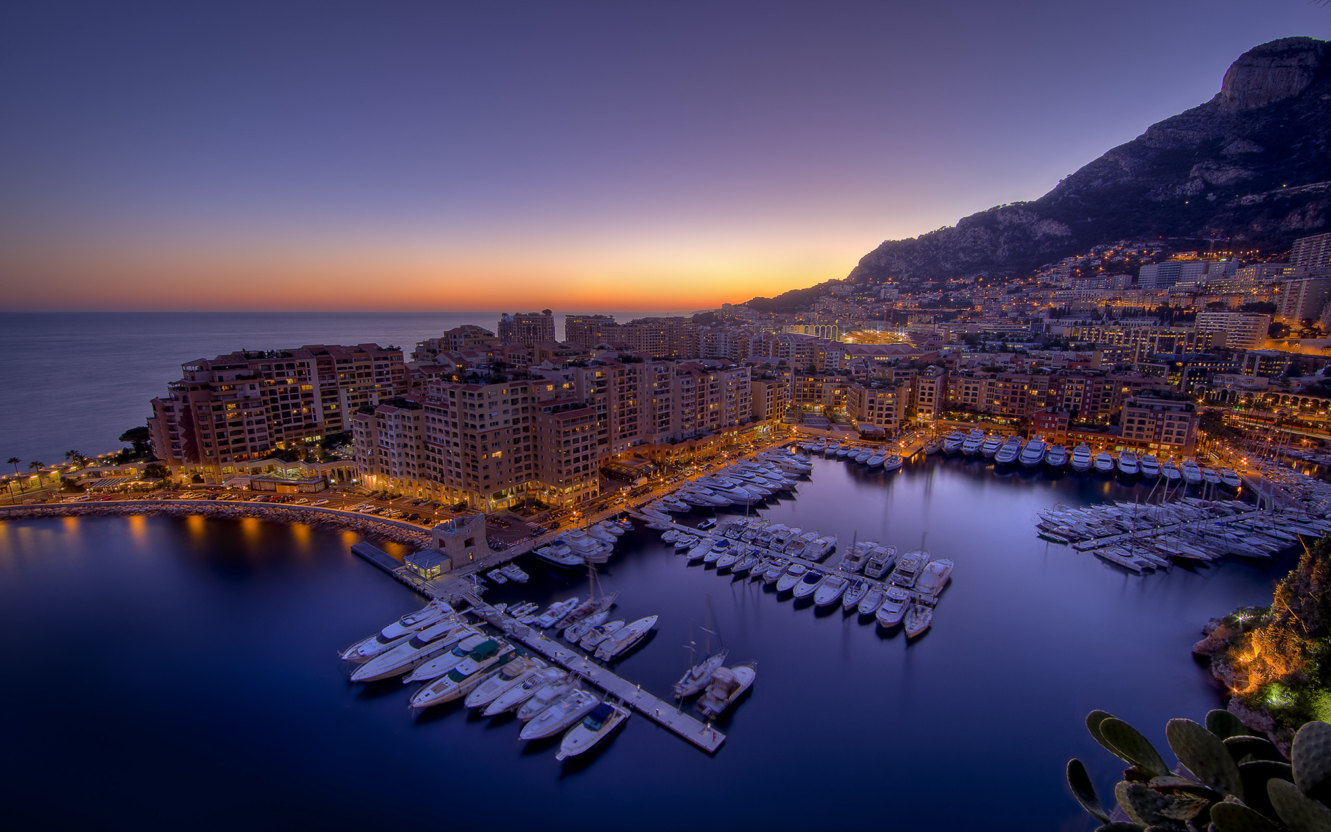 ночь, залив, город, monaco