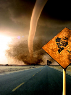 торнадо, трасса, дорога, предупреждение, знак, пасмурно, смерч, указатель, буря, опасность