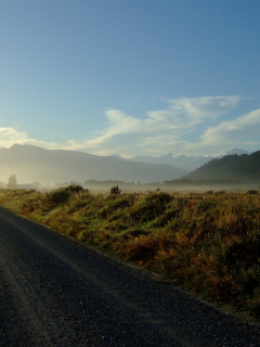 туман, пейзаж, дорога, утро