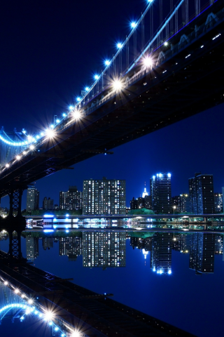 огни, Нью-Йорк, ночь, город, вода, мост
