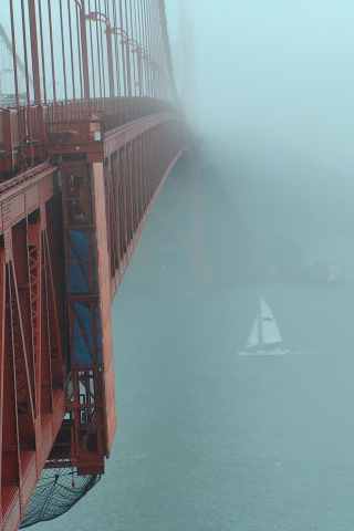 мост, красный, туман, парусник