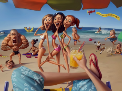 пляж, мультик, девушки, веселье