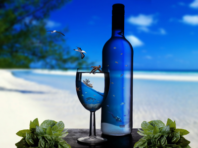 бутылка, море, пляж, песок, бокал, подводный мир