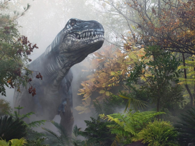 динозавр, туман, лес, осень