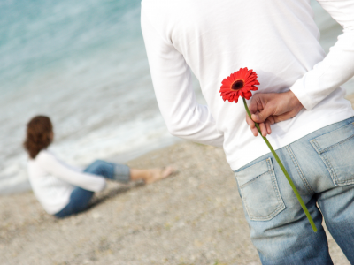 романтика, любовь, пляж, пара, цветок