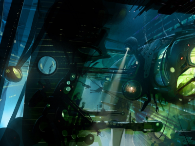 подводный, корабль, аквалангисты, прожектора