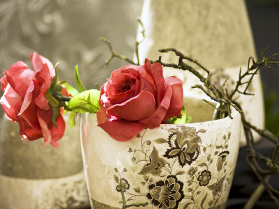 красные, ткань, узор, розы, ветка, искусственные цветы, ваза