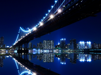 огни, Нью-Йорк, ночь, город, вода, мост