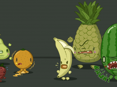 ананас, фрукты-зверьки, фрукты, апельсин, арбуз, банан