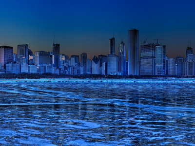 синий, небоскребы, лед, зима, панорама