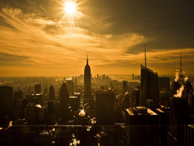 солнце, нью-йорк, небоскребы, сепия