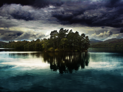 тучи, озеро, отражение, деревья