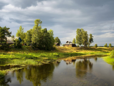 пейзаж, деревья, река