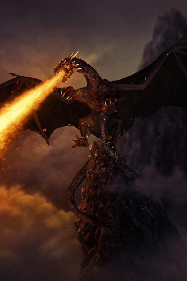 огонь, скалы, the dragon of hell, дракон