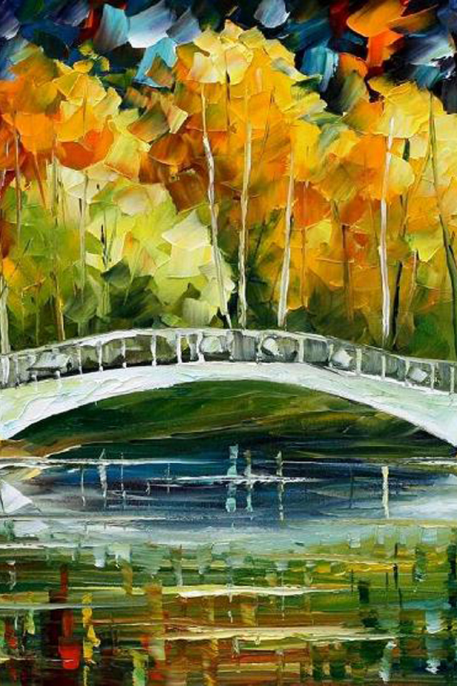 осень, картина маслом, мост