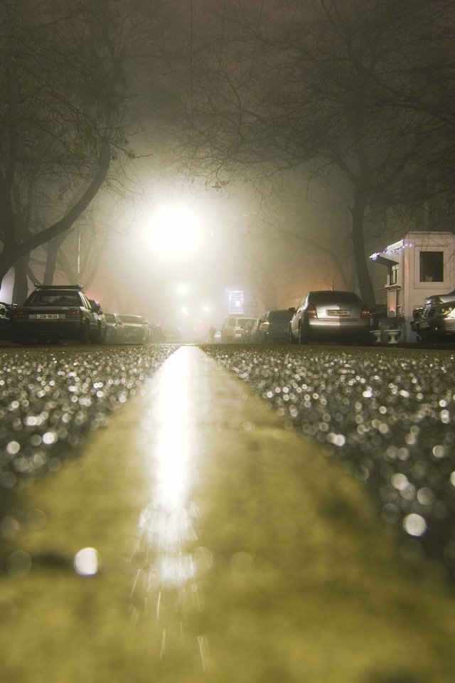 туман, дорога, свет, разметка, ночь, машины