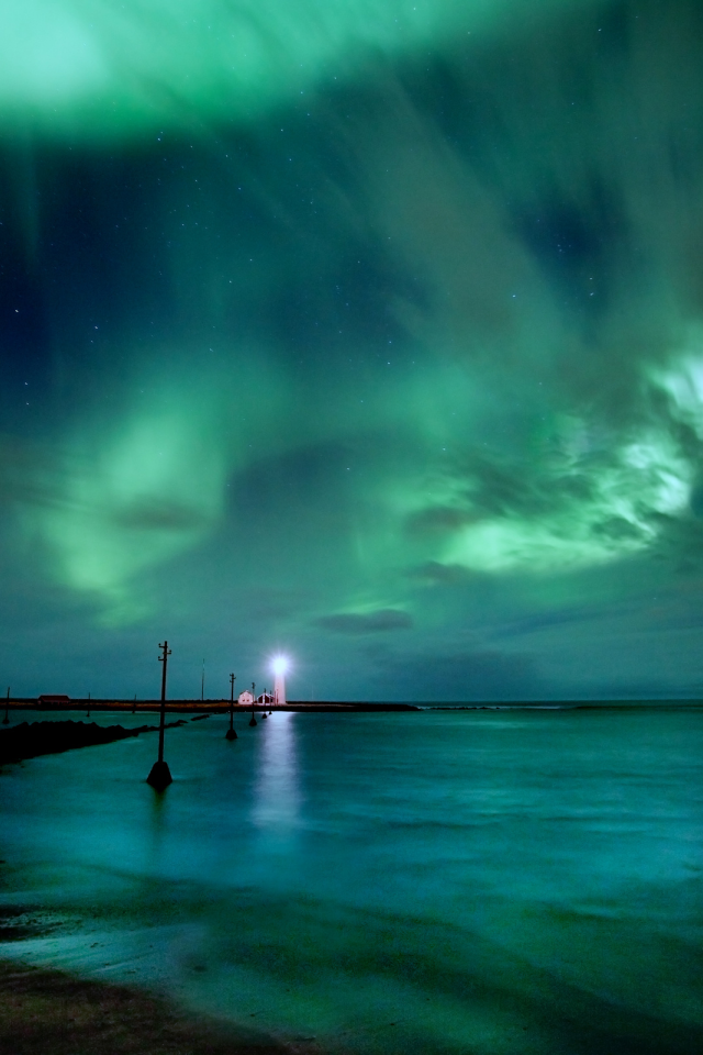 вода, небо, звезды, море, исландия, маяк, ночь, северное сияние
