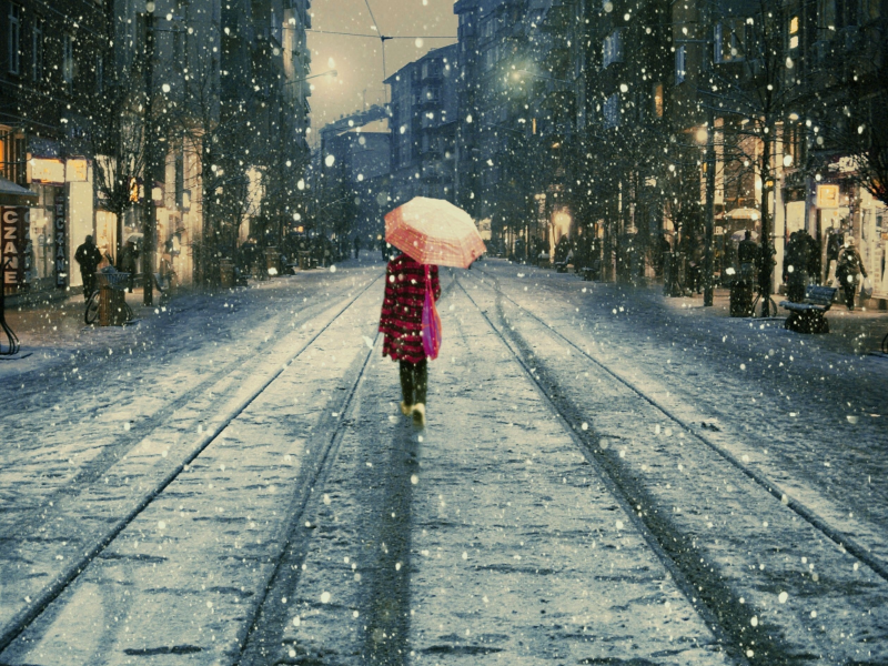 зонтик, снег, улица